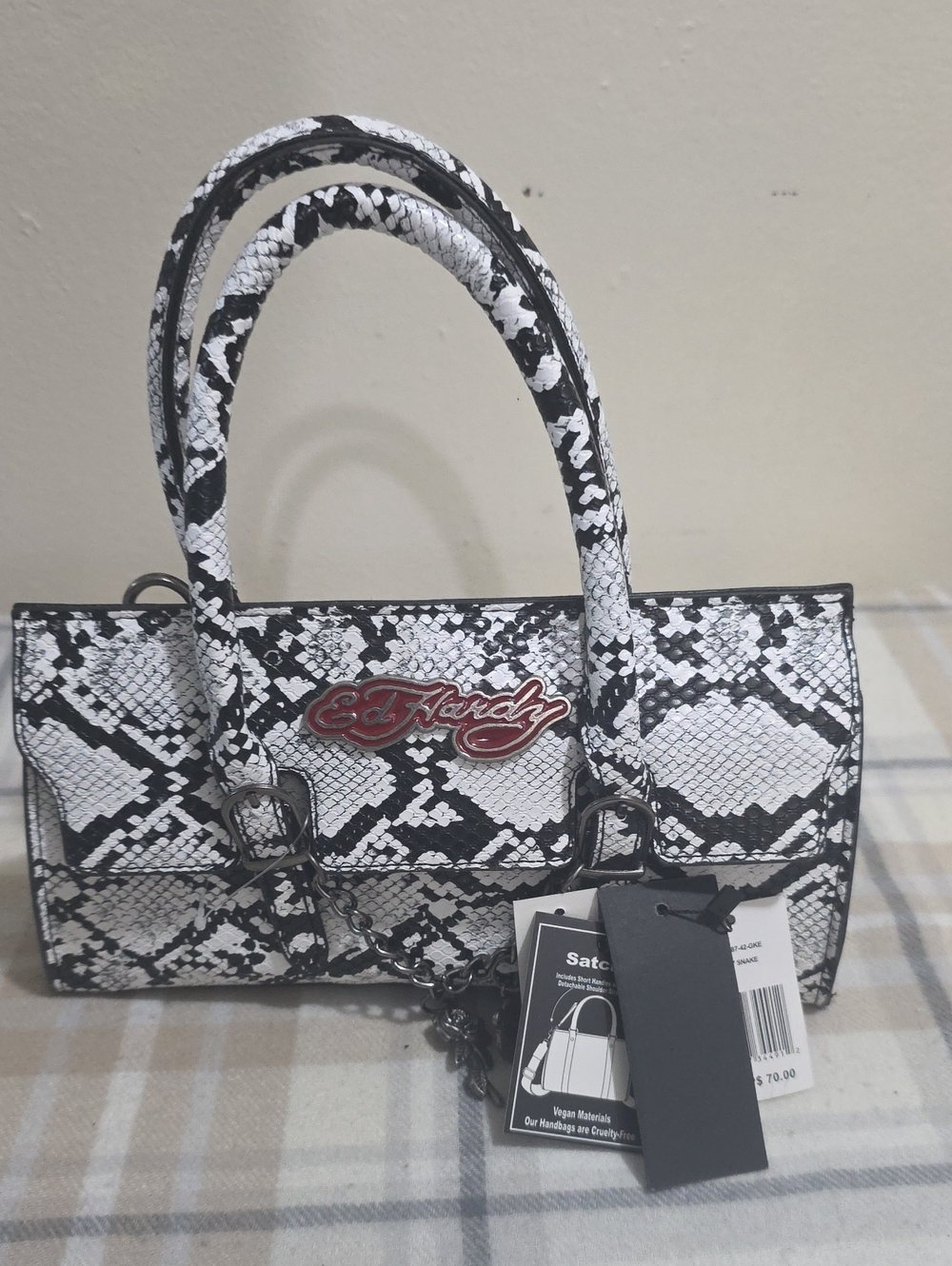 Ed Hardy Black & White Snake-Print Satchel with Red Logo Accent